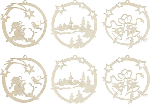 Baumbehang Weihnachtskugeln aus Sperrholz gefertigt. Im Set befinden sich 6 Kugeln mit je 2 unterschiedlichen Motiven. Motive: Schneemann, Winterdorf, Weihnachtsglocken. Im Erzgebirge gefertigt