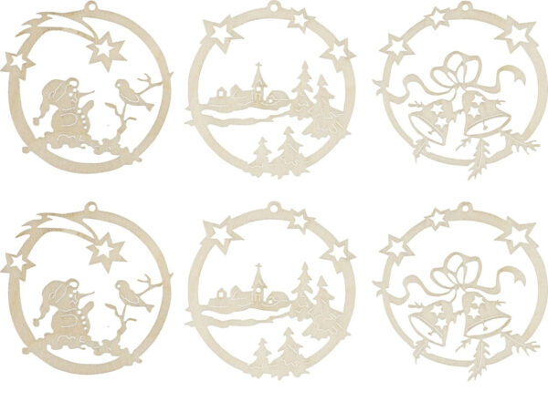 Baumbehang Weihnachtskugeln aus Sperrholz gefertigt. Im Set befinden sich 6 Kugeln mit je 2 unterschiedlichen Motiven. Motive: Schneemann, Winterdorf, Weihnachtsglocken. Im Erzgebirge gefertigt