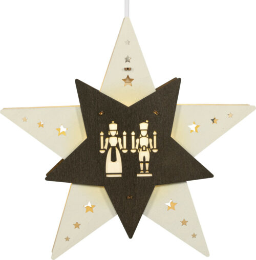 beleuchtetes Fensterbild weißer Stern. Innenblende braun mit Engel & Bergmann Motiv. aus dem Erzgebirge