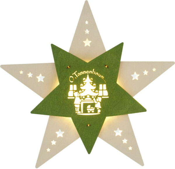 Fensterbild Stern in weiß. Vorderblende mit dem Motiv Kinder schmücken einen Tannenbaum ist in grün gehalten. Beidseitiges Motiv beleuchtet. Aus dem Erzgebirge