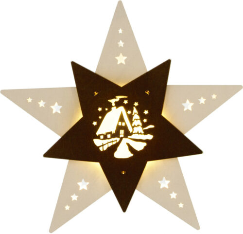 Fensterbild Stern in weiß. Voderblende ist ein brauner Stern mit dem Motiv Waldhütte