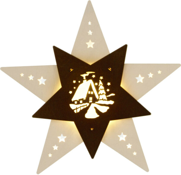 Fensterbild Stern in weiß. Voderblende ist ein brauner Stern mit dem Motiv Waldhütte