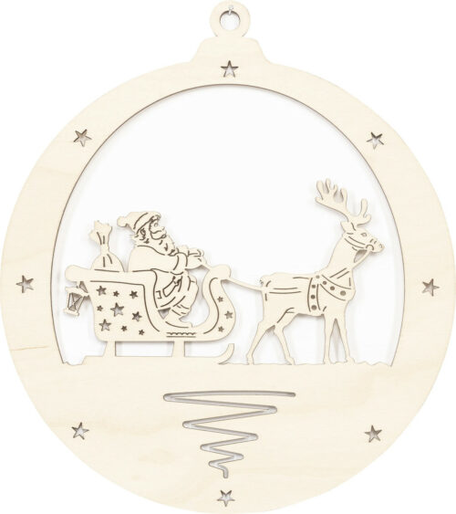 Dekohänger Weihnachtskugel aus Sperrholz mit Motiv innen Weihnachtsmann mit Weihnachtsschlitten wird von Rentier gezogen. Aus dem Erzgebirge