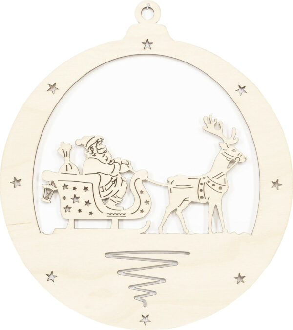 Dekohänger Weihnachtskugel aus Sperrholz mit Motiv innen Weihnachtsmann mit Weihnachtsschlitten wird von Rentier gezogen. Aus dem Erzgebirge