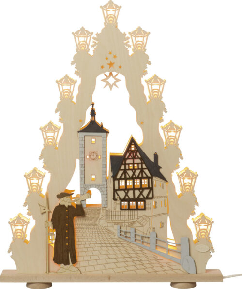 Lichterspitze aus Sperrholz mit dem Motiv der Altstadt von Rothenburg ob der Tauber mit dem Nachtwächter im Vordergrund. Lichterspitze ist auf beiden Seiten gleich