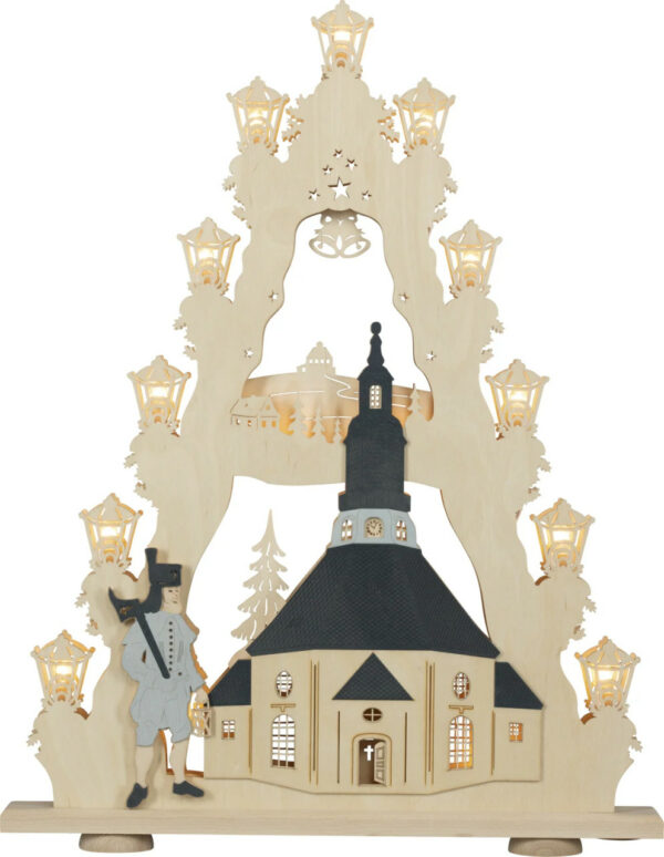 Lichterspitze Seiffener Kirche aus dem Erzgebirge. Farblich mit Grauem Dach gestaltet und einem Bergmann. beidseitig gleich