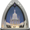 Lichterspitze bestehend aus bläulichem Acrylglas in Verbindung mit farblich (grau/weiß) abgestimmten Sperrholz. Motiv der Dresdner Frauenkirche mit Weihnachtsmarkt