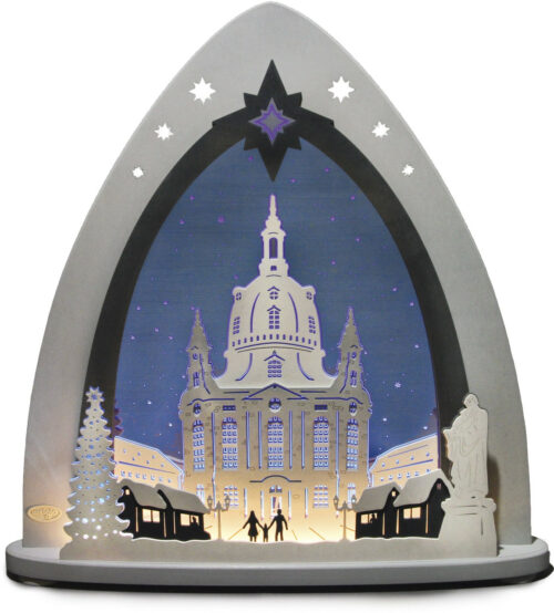 Lichterspitze bestehend aus bläulichem Acrylglas in Verbindung mit farblich (grau/weiß) abgestimmten Sperrholz. Motiv der Dresdner Frauenkirche mit Weihnachtsmarkt