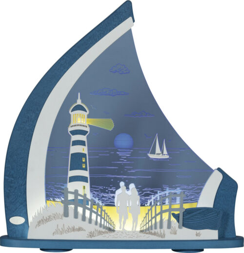 Dekoleuchte aus Acrylglas mit Holz in Blau weiß. Das Motiv ist ein Leuchtturm mit einem verliebten Pärchen welches am Strand spazieren geht.