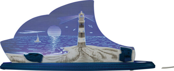 Dekoleuchte Tischleuchte Maritimes Motiv. Blaues Acrylglas in Verbindung mit Holz. Auf dem Acrylglas befindet sich ein Leuchtturm und der Strand.