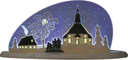 Dekoleuchte aus blauen Acrylglas mit Sperrholz versehen mit dem Motiv Seiffener Kirche aus dem Erzgebirge