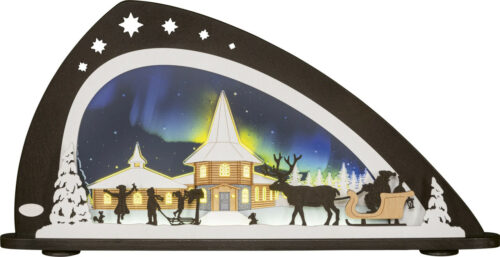 Modernen LED Schwibbogen aus Acrylglas und Holz in Braun weiß gehalten mit dem Polarlicht und dem berühmten Zuhause des Weihnachtsmannes in Finnland