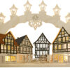 Traditioneller Schwibbogen aus dem Erzgebirge mit einem schönen Altstadtmotiv mit Fachwerkhäusern