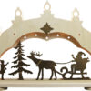 Schwibbogen mit dem Motiv Weihnachtsmann auf Schlitten, welcher braun dargestellt ist. Der Außenbogen ist in Natur gehalten. 7 flammig aus dem Erzgebirge