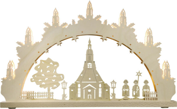 Schwibbogen aus Sperrholz mit dem traditionellen Motiv der Seiffener Kirche
