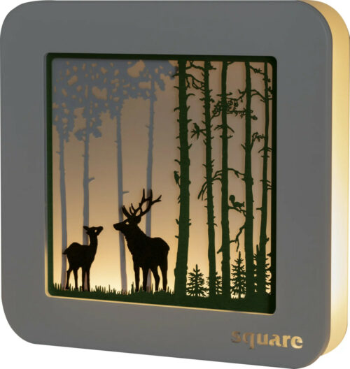 Dekoleuchte zum stellen oder Hängen. Ein Bild mit weißen Rahmen und Waldmotiv in grün braun gehalten im Inneren. Hergestellt im Erzgebirge.