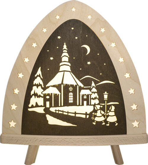 Dekoleuchte aus holz mit dem Motiv der Seiffener Kirche in Braun gehalten. LED Lampe inklusive. Beidseitiges winterliches Motiv aus dem Erzgebirge