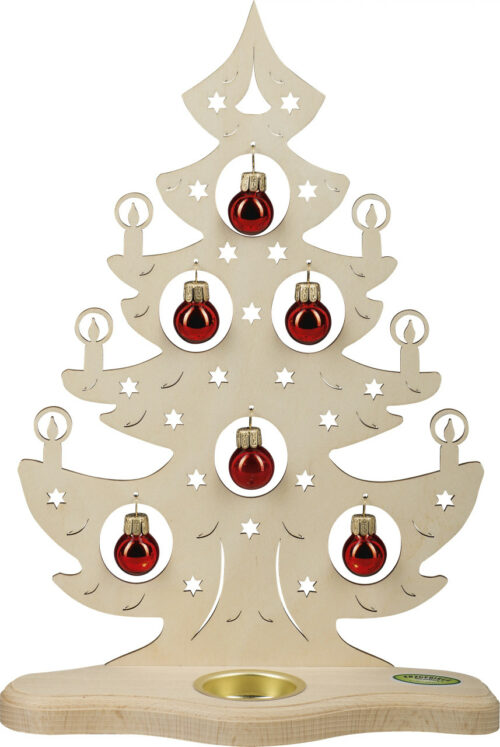 Teelichthalter Weihnachtsbaum für 1 Teelicht aus Sperrholz. In ihm befinden sich 6 rote Weihnachtskugeln
