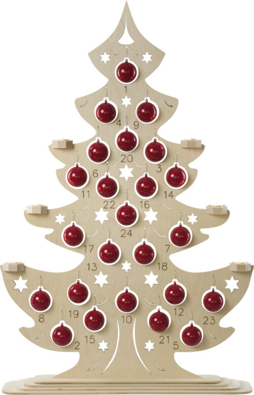 Weihnachtskalender XL Tannenbaum aus Holz mit Kunststoffkugeln rot zum selber befüllen